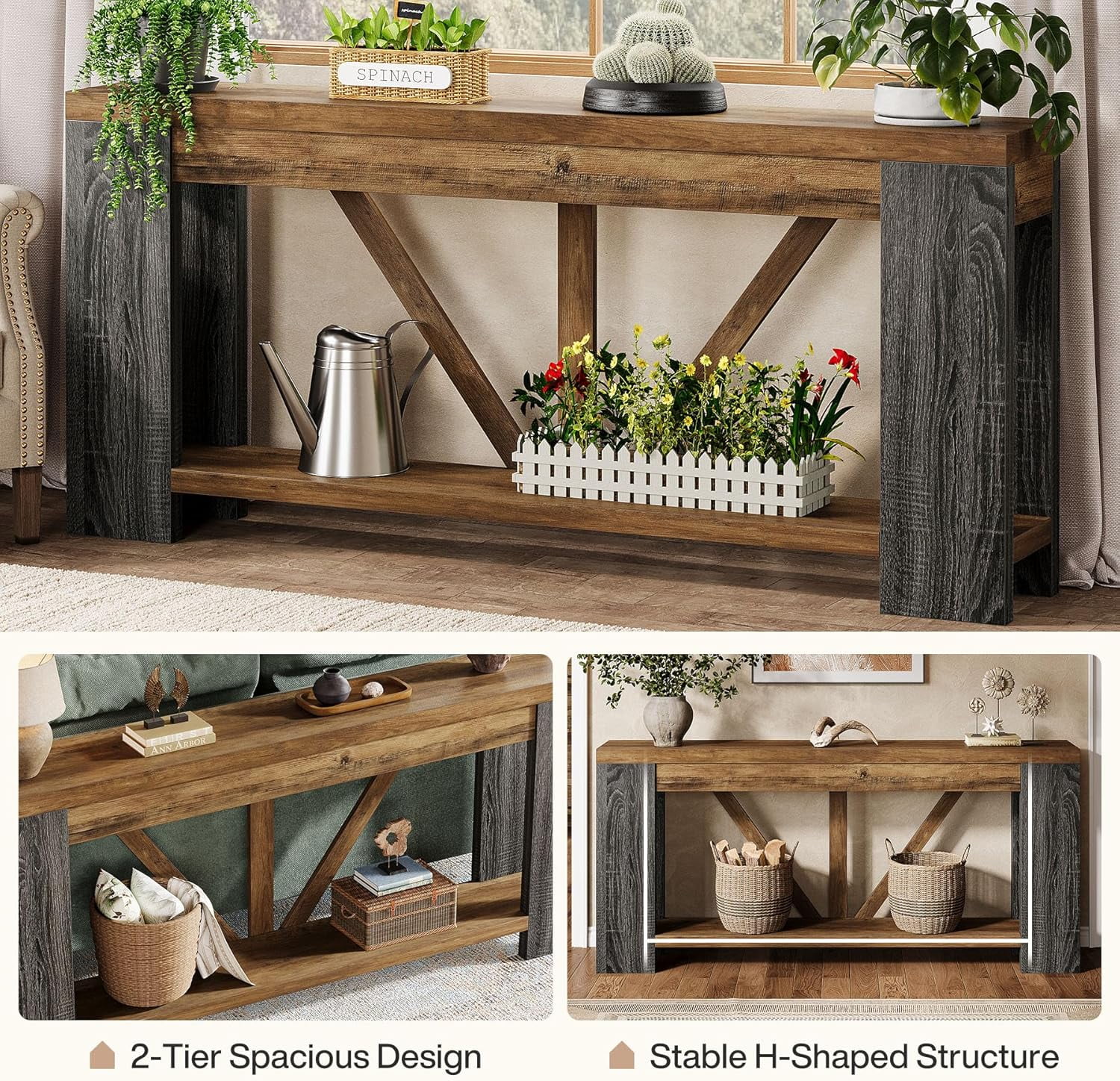 Finmind 70.9-Inch Extra Long Console Table with Storage for Entryway, Hallway, Foyer, Living Room, Brown