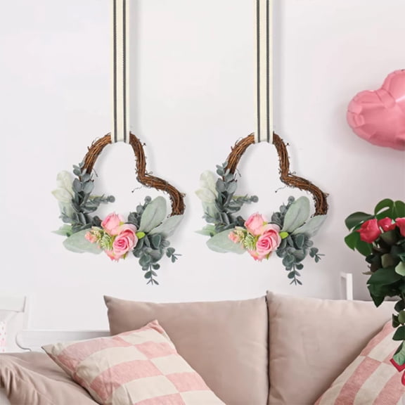 Valentine's Day Wreath, Valentines Day Wreaths for Front Door with Pink Forsythia Flowers, Heart Shaped Berries and Green Leaves for Window, Wall and Anniversary Party Decorations,D