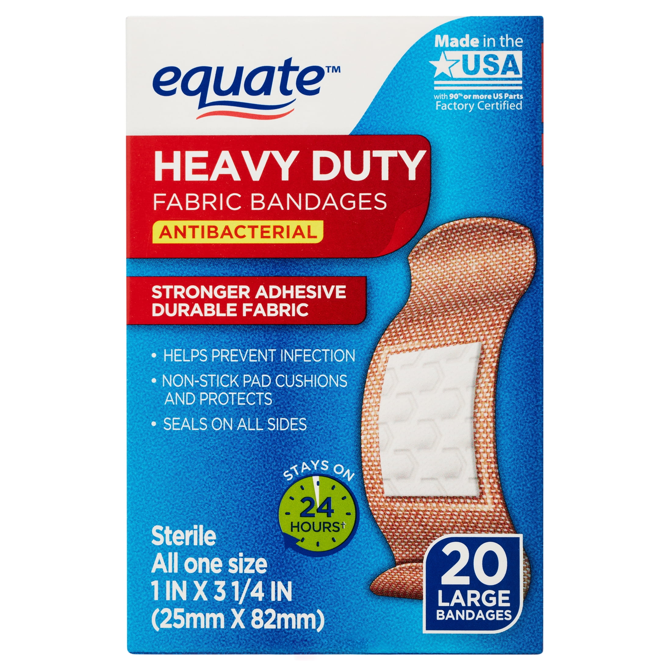 (6 pack) Equate Heavy Duty Fabric Antibacterial Bandages, Large, 20 Count