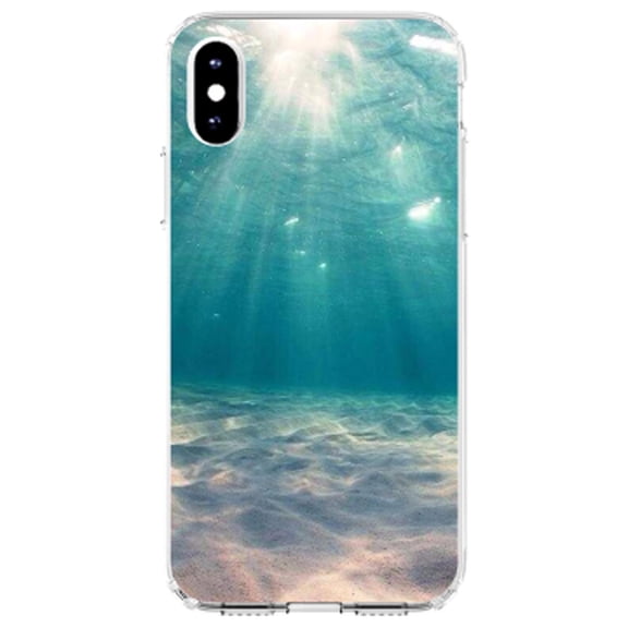 DistinctInk Clear Shockproof Hybrid Case for iPhone XS Max (6.5" Screen) - TPU Bumper, Acrylic Back, Tempered Glass Screen Protector - Underwater Sun Sand