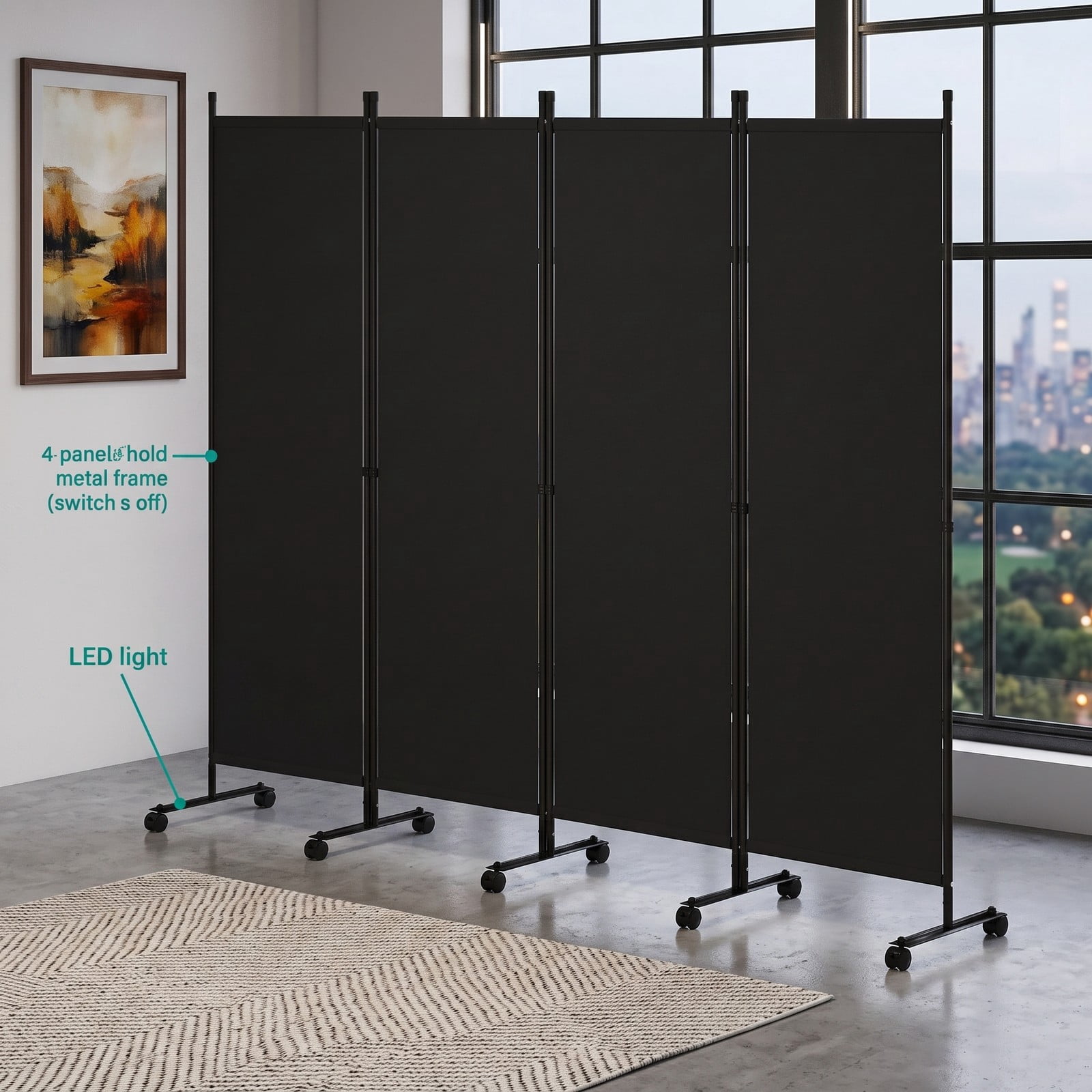ALPULON 4-Panel Room Divider Freestanding Privacy Screen with 10 Lockable Wheels, Foldable Polyester Fabric Partition with Heavy-Duty Metal Frame for Living, Black