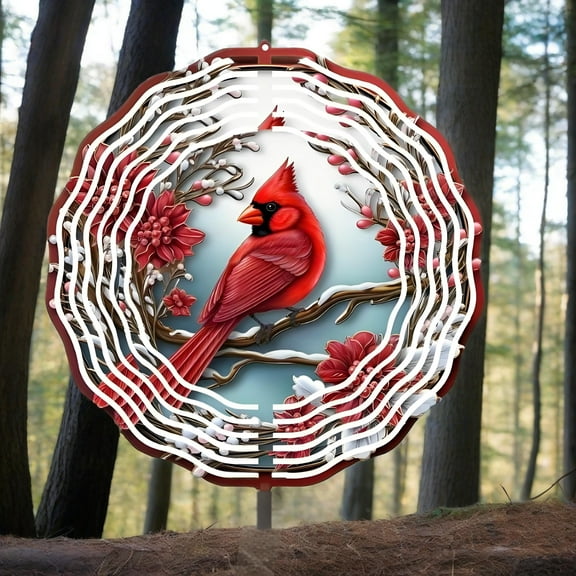HELLOYOUNG 10.3- Inch Black Metal Cardinal Wind Chime – Iron Painting with Red Bird & Flowers Modern Style for Garden Patio Decor Hanging Wind Chime with Pine Branches
