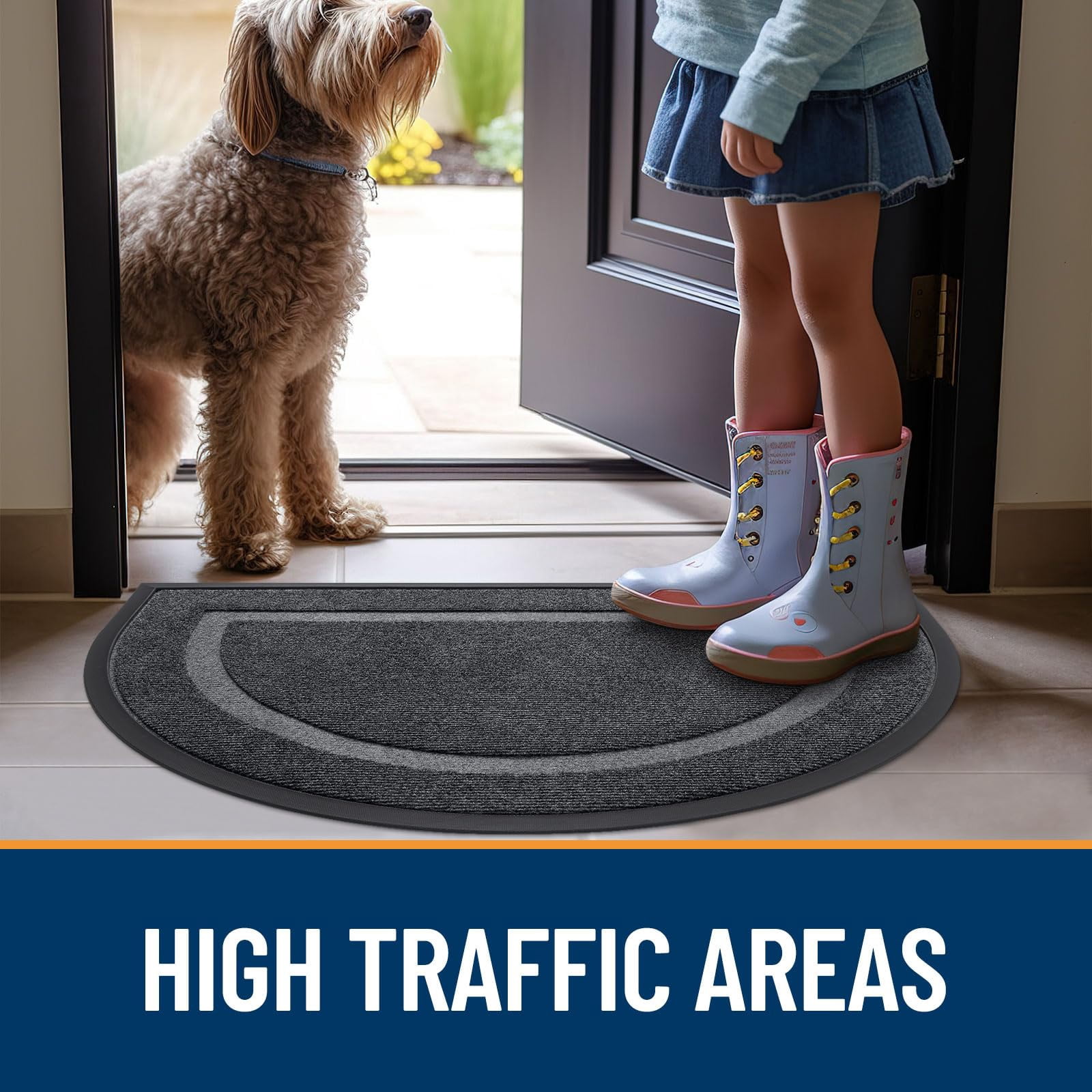 Buganda Half Round Door Mat, Heavy Duty Rubber Entrance Mat, Low Profile Dirt Trapper Doormat Outside, 29.5" x 17", Grey