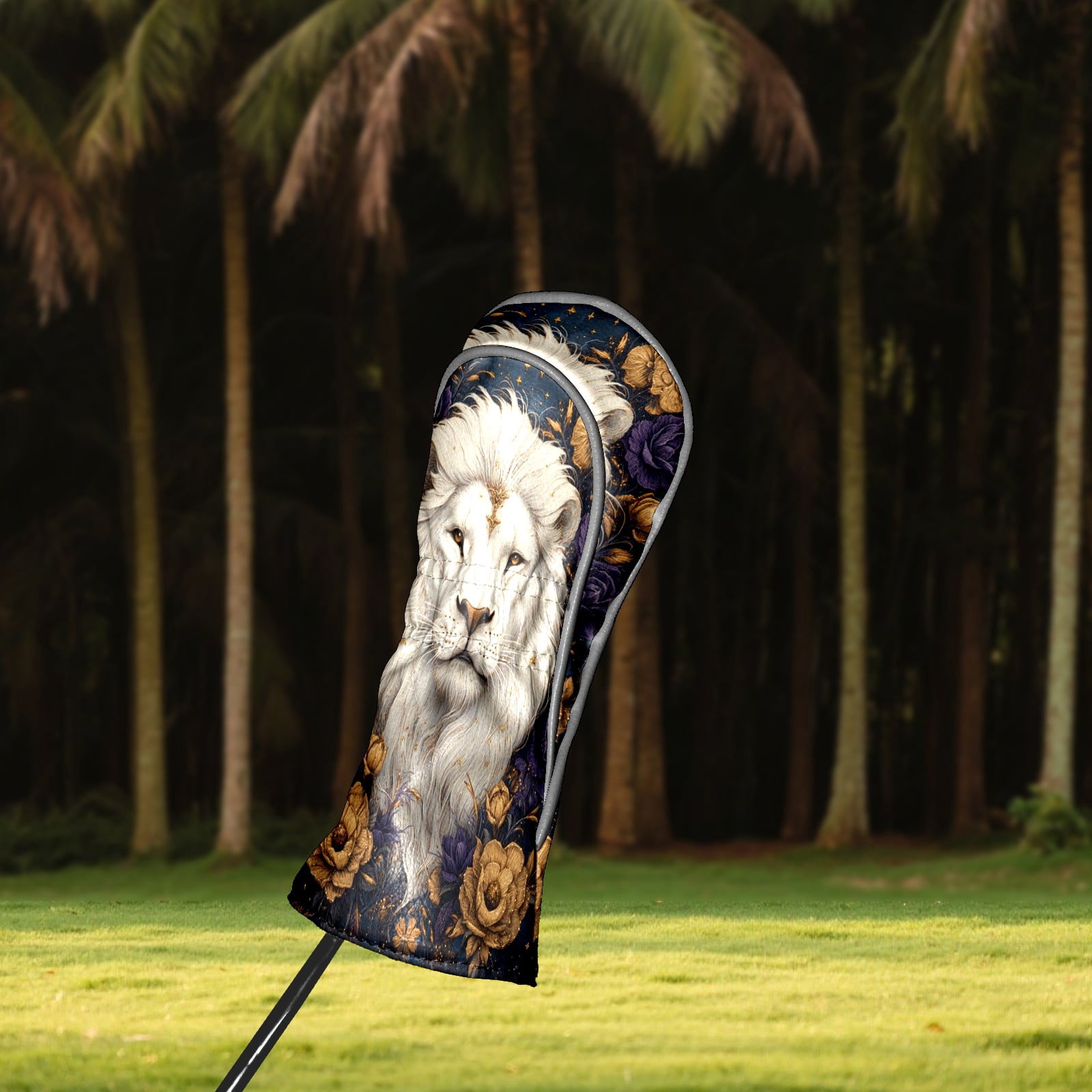 Golf Club Covers PU Leather Waterproof Head Covers for Fairway Woods Hybrids Embroidered White Lion Unisex Fits Most Brands