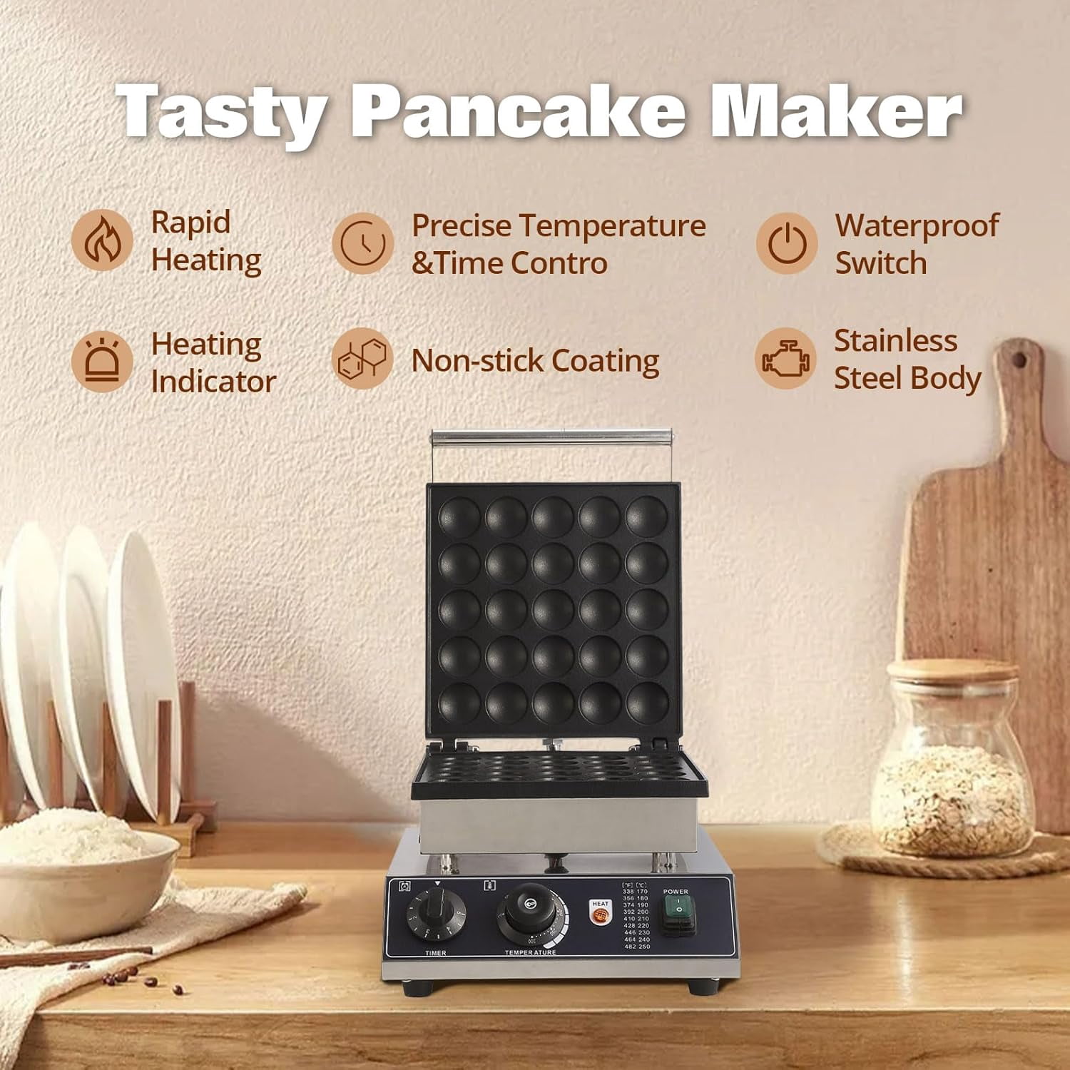 Commercial Round Muffin Maker 25 Hole Flip Top Non-Stick Waffle Maker Stainless Steel 110V Temperature and Time Control Heart Belgian Waffle Maker Ideal for Restaurant, Snack Bar and Home Use