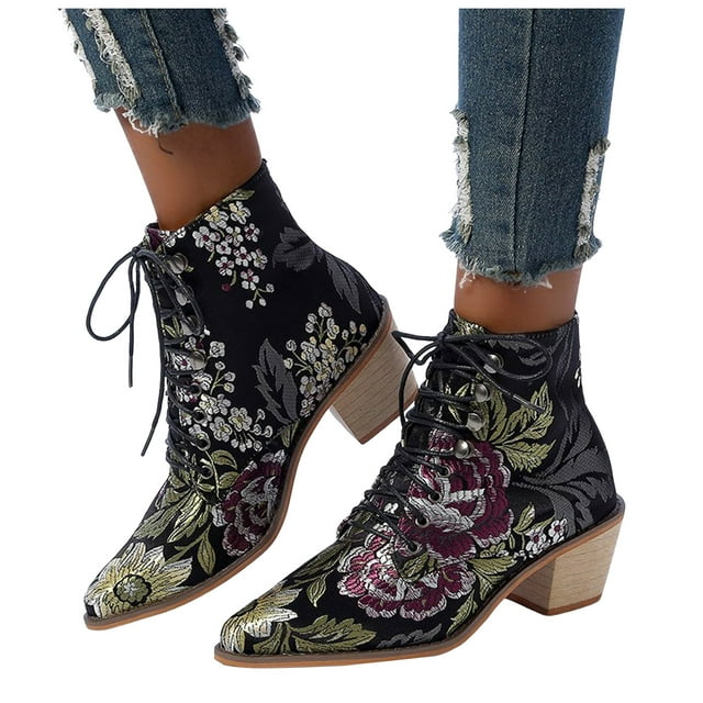 Leozcaa Womens Floral Embroidery Ankle Boots Round Toe Lace Up Low Chunky Heel Flat Boots Winter Booties