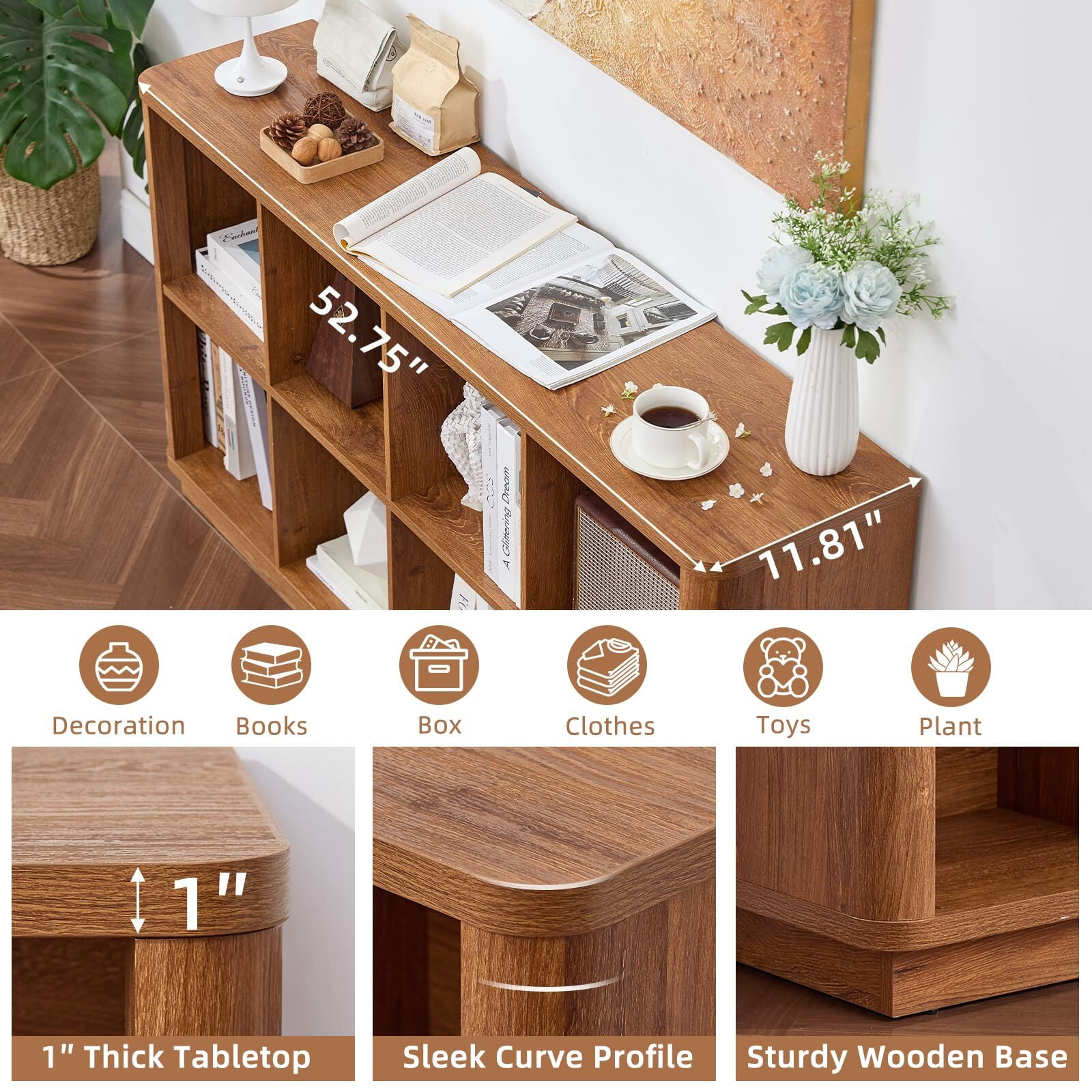 Buildhom 8-Cube 2-Tier Storage Bookcase, 52" Long Horizontal Bookshelf with Curved Edge for Living Room, Tea Color