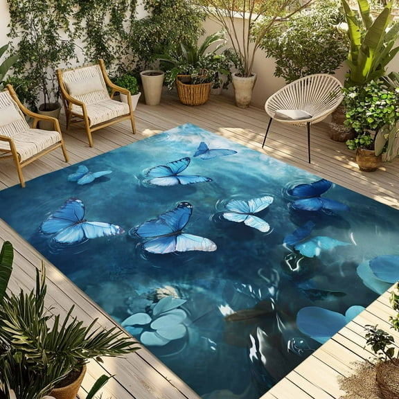Fsddascl Blue Butterfly Outdoor Rug for Patio/Deck/Porch, Non-Slip Large Area Rug 5 x 8 Ft, Modern Elegant Water Ripples Indoor Outdoor Rugs Washable Area Rugs, Reversible Camping Rug Carpet Runner
