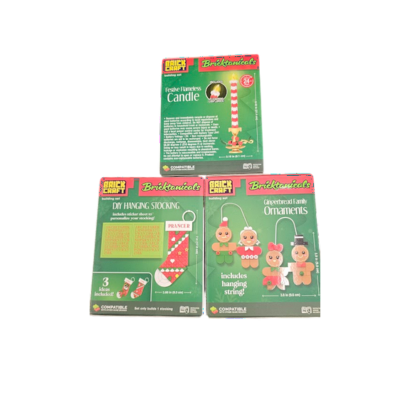 Brickcraft Building Set of 3 Including DIY Hanging Stocking, Gingerbread Family Ornaments and Festive Flameless Candle