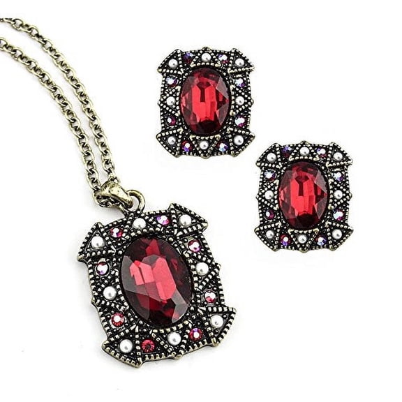 Vintage Style Ruby Red Crystal Necklace and Earring Set with Pearl Accents Jewelry Necklace Earring Silver