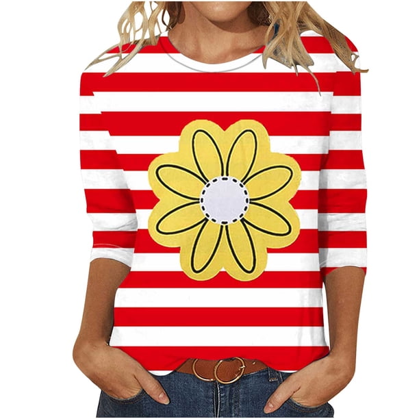 Camisetas Casuales de las Mujeres de Moda Impresa 3/4 Mangas Blusa Cuello Redondo para el Hogar Y Diario