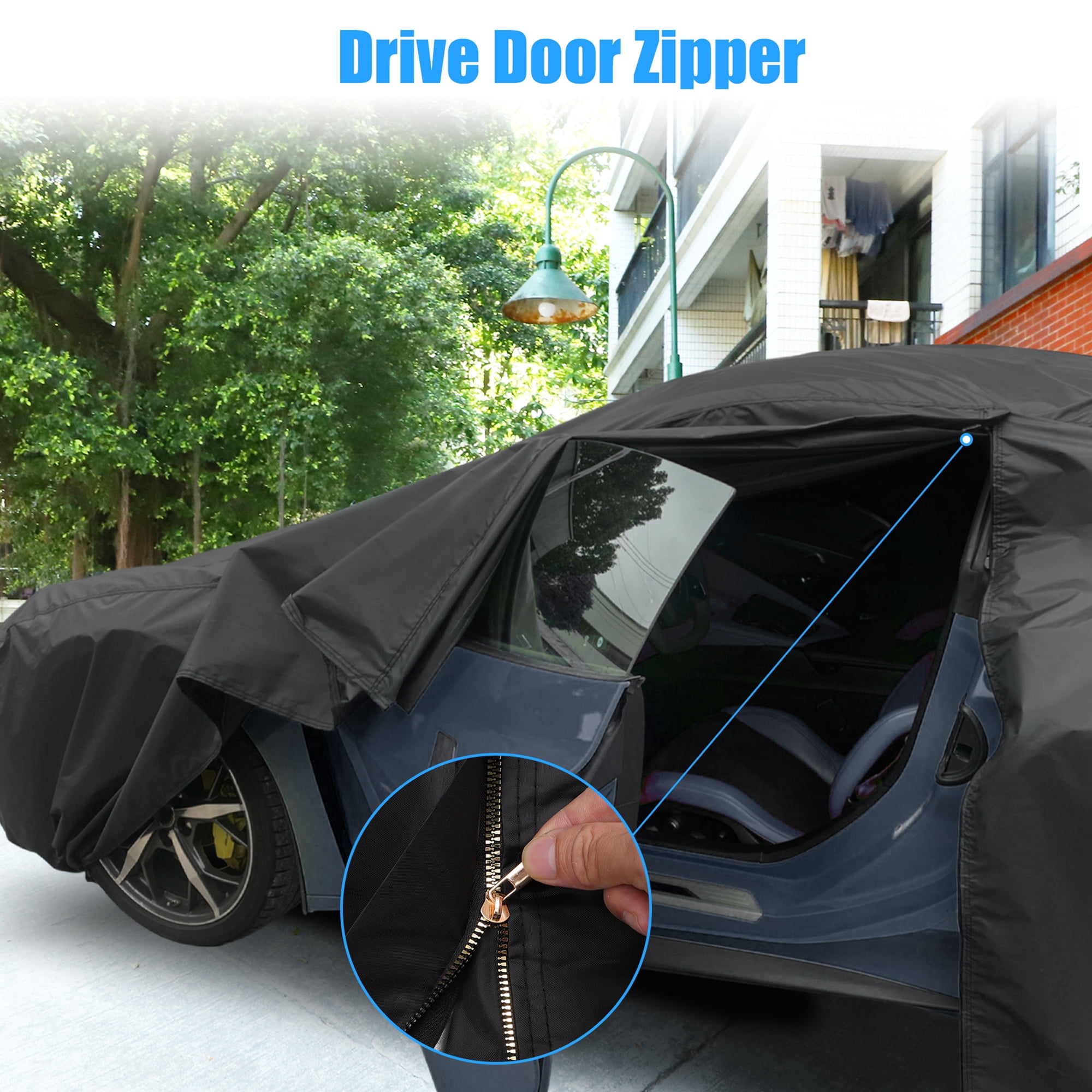 Unique Bargains Outdoor Full Car Cover All Weather Protection with Zipper Black Black 179.92"x72.05"x63.78"