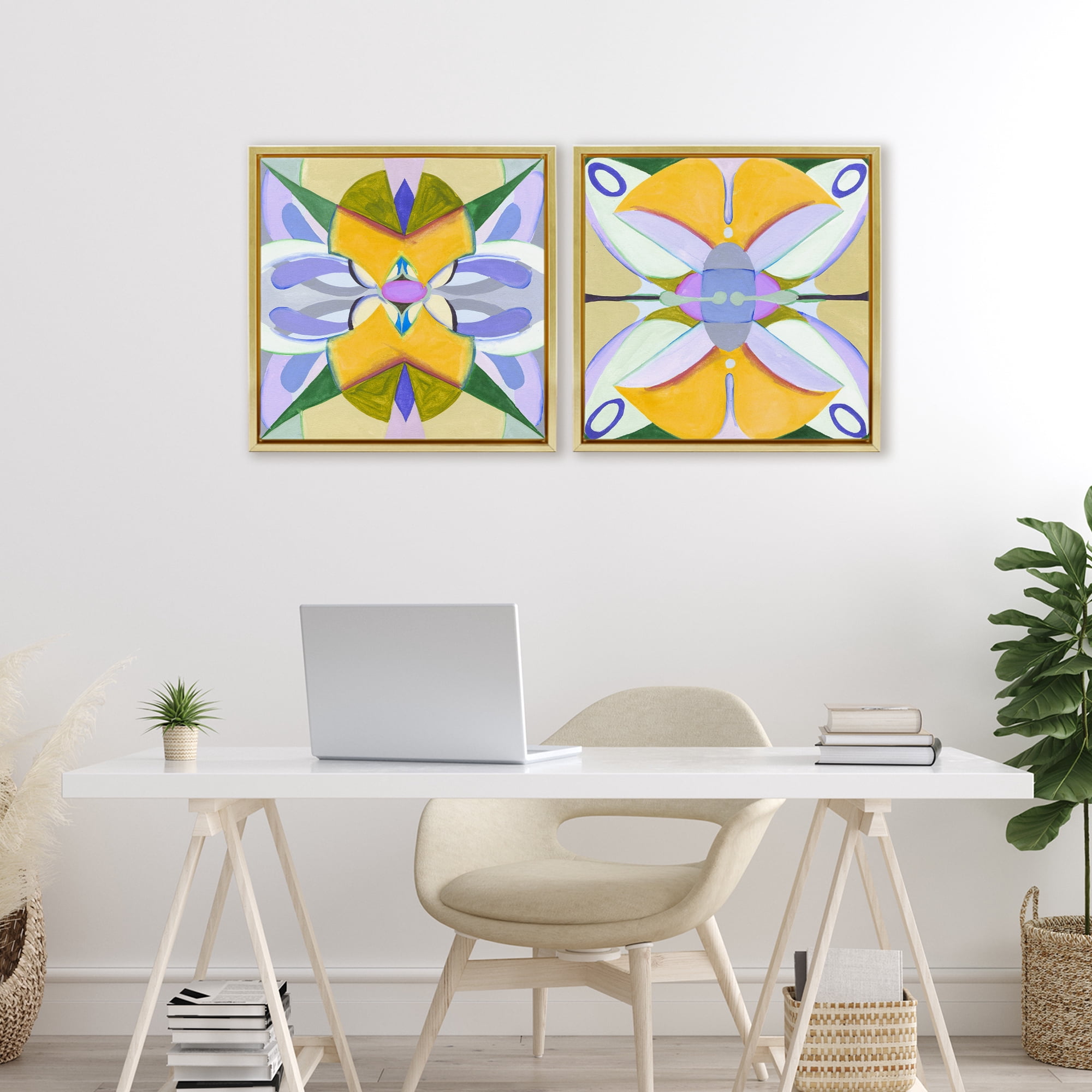 Stupell Industries Kaleidoscopic Revival Hues 2 Piece Gold Framed Floater Canvas Set, design by Melissa Wang