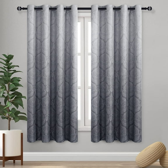 JIUZHEN Ombre Blackout Curtains - Grommet Top Gradient Damask Pattern Thermal Insulated Drapes for Living Room and Bedroom, 2 Panels, 52 x 63 Inch Length, Gray