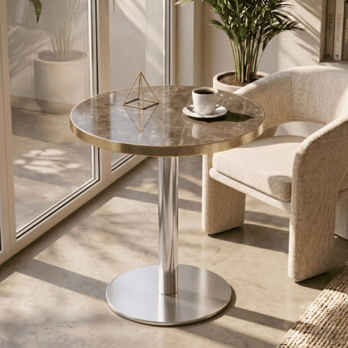 23.6-Inch Round Faux Gray Marble Bistro Table with Stainless Steel Base & Gold Trim Edge, High-Gloss Compact Dining Accent Table for Kitchen Office Balcony