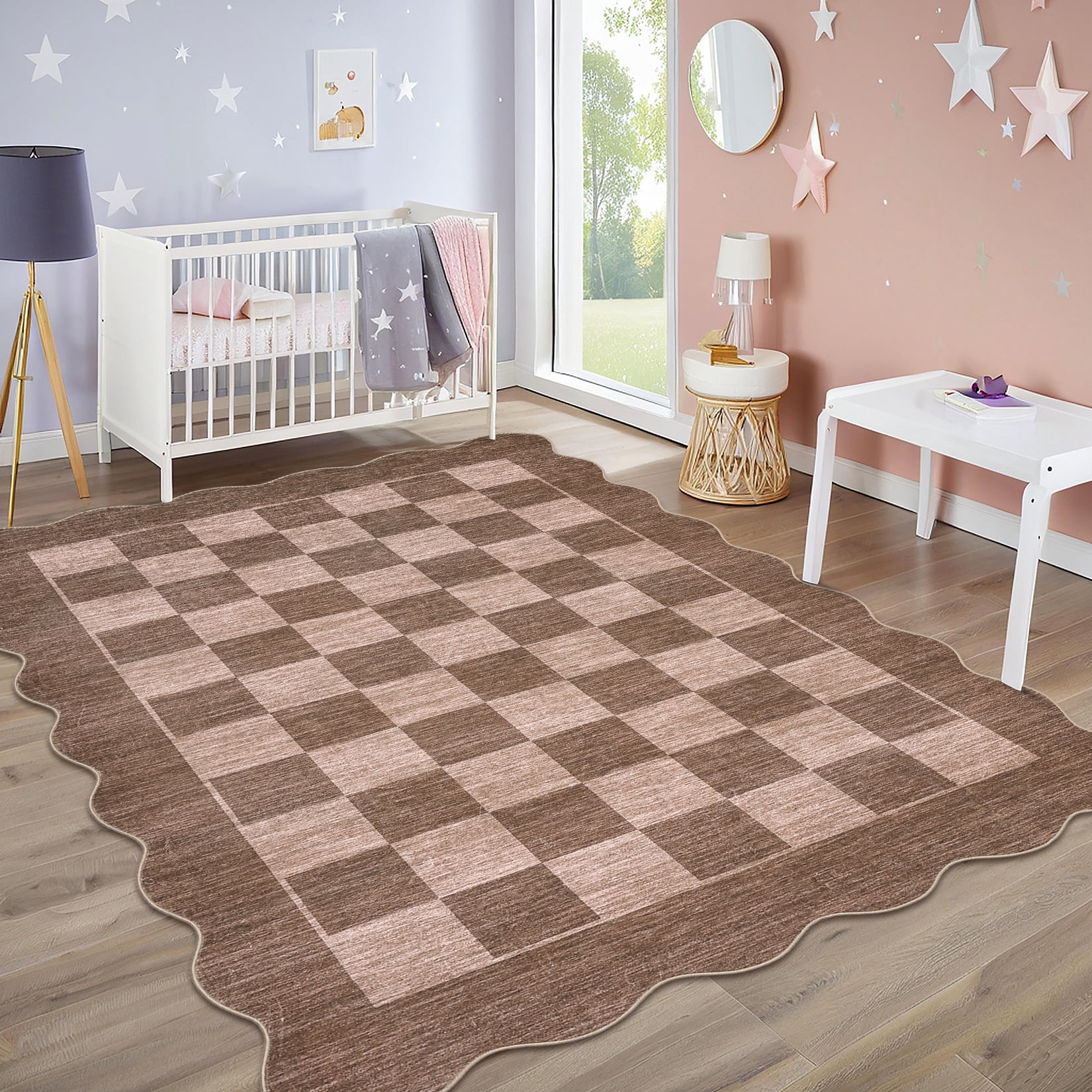 Garvee 9'x12' Scalloped Area Rugs Modern Checkered Carpet, Washable Non-Slip Rug Contemporary Floor Mats for Living Room Bedroom Dining Room, Brown