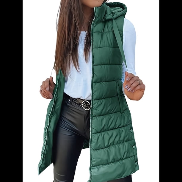 Chaleco para Mujer, Color Liso, Sin Mangas, con Capucha, para Invierno, Abrigo Acolchado. Verde 5XL