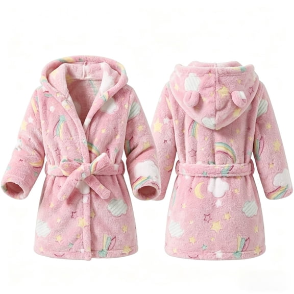 LYMAYTER Girls Hooded Robes for 1-7Y Kids Soft warm Bathrobe With Belt Flannel Robes Cute Cartoon Print