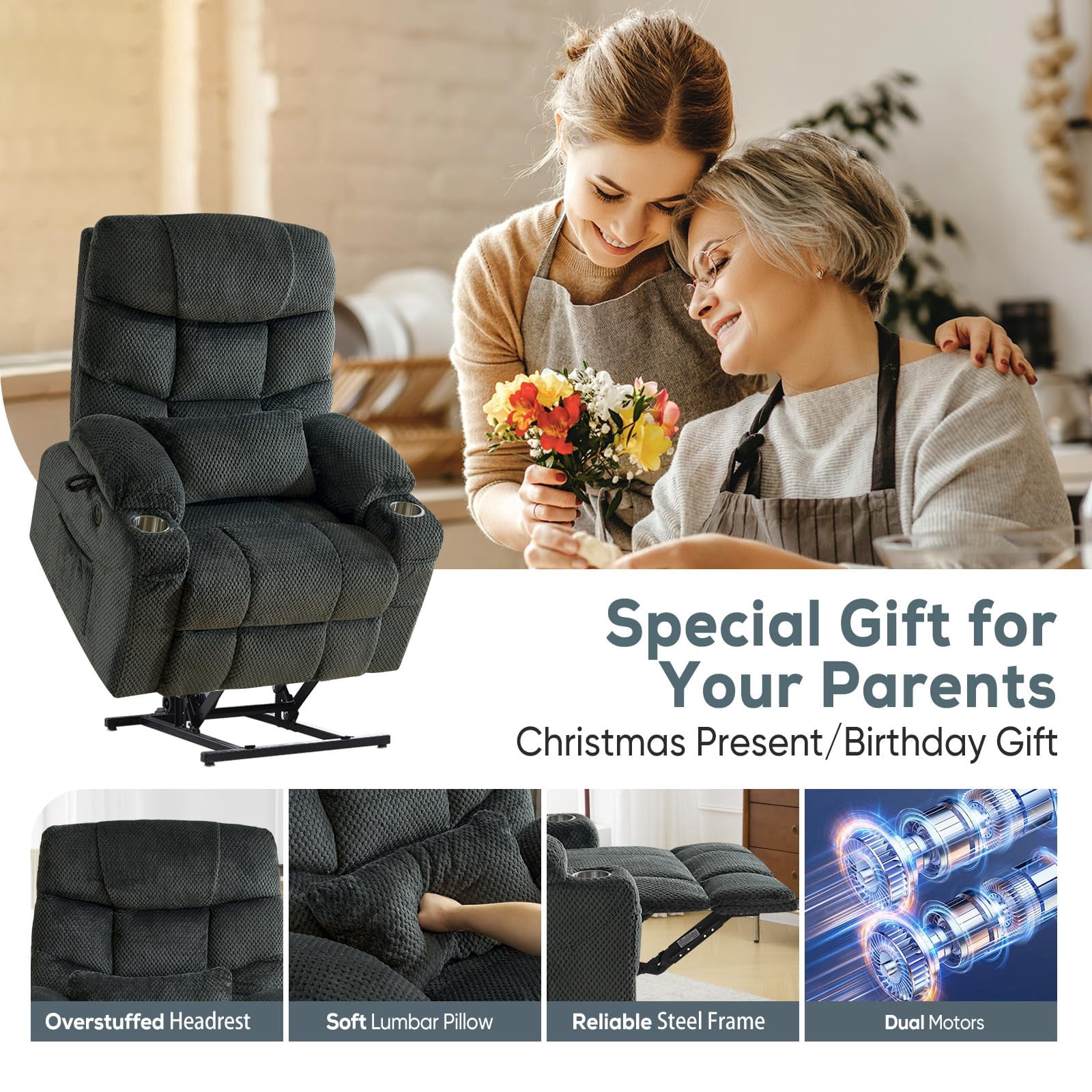 JULY'S SONG Dual Motor Lay Flat Power Lift Recliner Chair with Heat and Massage, USB & Type-C Ports, Large Recliners for Living Room, Oversized Recliner for Adults & Elderly - Grey