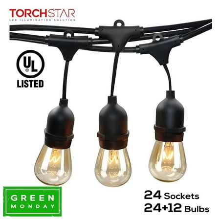 Patio Lights Outdoor TORCHSTAR 50ft 24 Sockets Outdoor Commercial String Lights, String Lights for Patio, Garden, Party, 36 Bulbs Included ()
