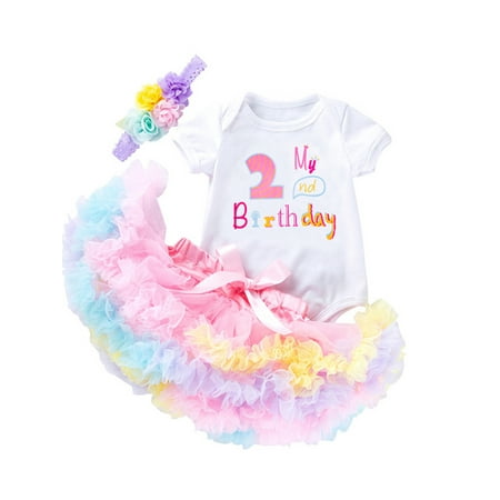 

Lamuusaa Baby Girl Birthday Clothes Set Short Sleeve Letter Print Romper + Colorful Tulle Frill Skirt + Flower Headband