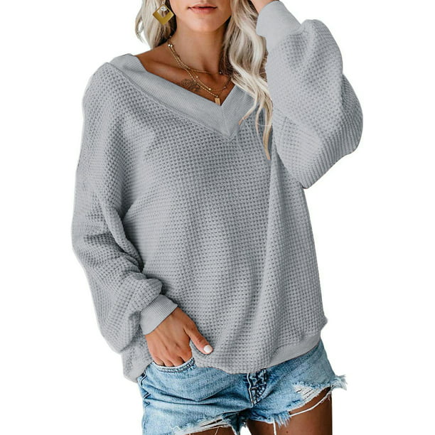 HIMONE S-3XL Women's V Neck Pullover Sweater Ladies Long Sleeve VFfle Knit  Top Off Shoulder Jumper Sweatshirt - Walmart.com