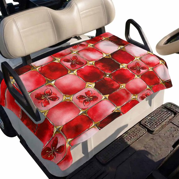 Golf Cart Seat Cover Red Floral Leaves Club Car Golf Cart Seat Covers Soft Absorbent Golfcart Towel Blanket Ethnic Style Lattice Golf Seat Covers for Cart Decor Fits 2 & 4 Passenger 51"x31"