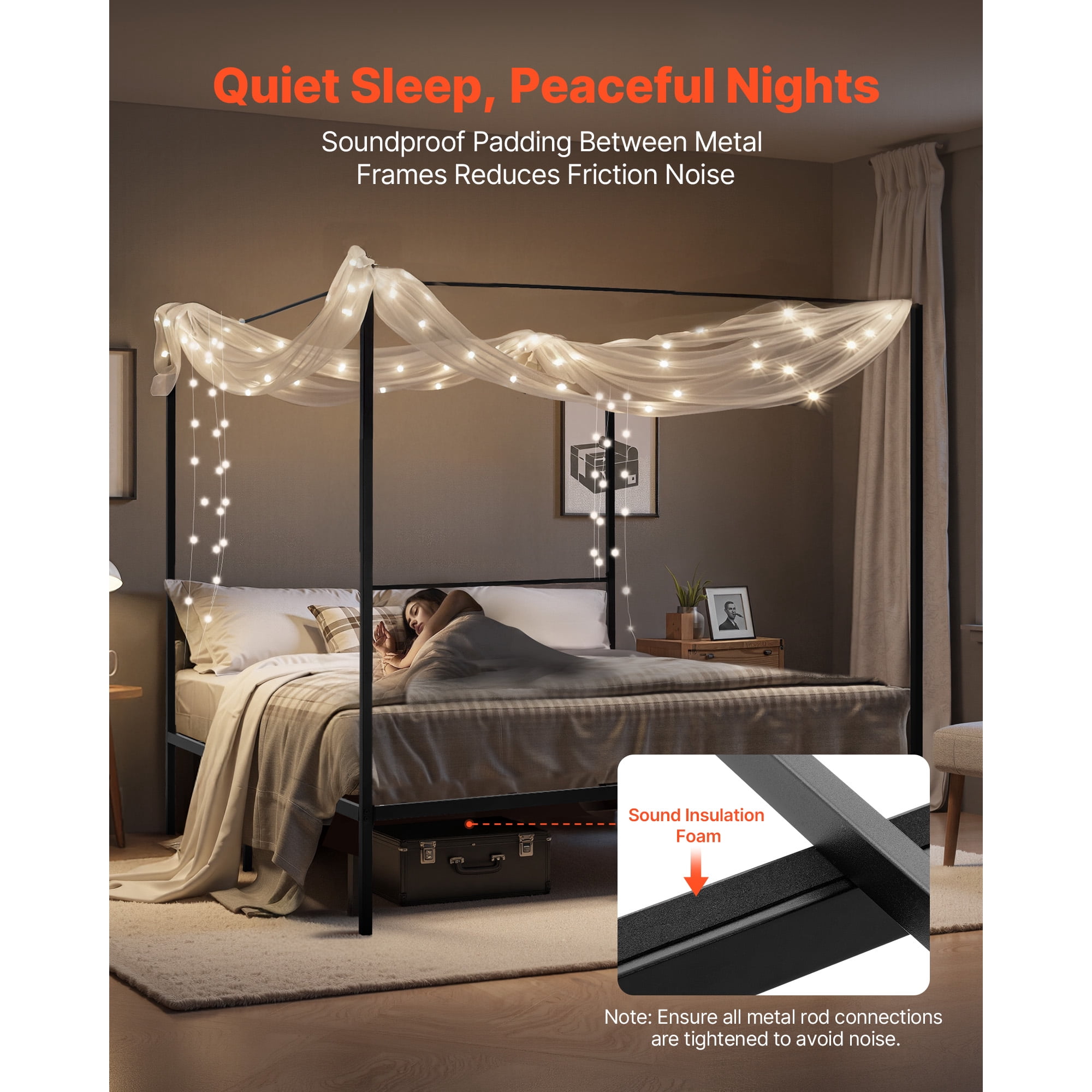 KFFKFF King Size Metal Canopy Bed Frame with Charging Station, Four-Post Design, Durable Steel Slats, Underbed Storage, No Box Spring Required, Simple Assembly, Black