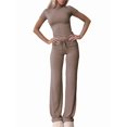 thumbnail image 3 of Women'S 2 Piece Lounge Sets Short Sleeve Tops Fold-over Flare Pants Casual Outfits Matching Set Camel Color L, 3 of 6