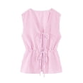 thumbnail image 4 of Women's Striped 2 Piece Set, V Neck Sleeveless Tie Vest Lightweight Striped Tie Front Wide Leg Pants Set Summer Wear Tie Front Tank Tops Wide Leg Pants Sets, Pink L, 4 of 8