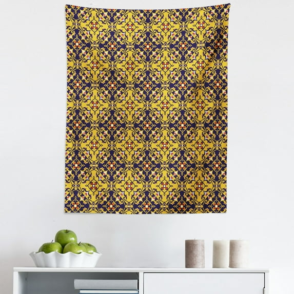 Mosaic Tapestry, Ethnic Traditional Floral Pattern of Continuous Orient Motifs, Fabric Wall Hanging Decor for Bedroom Living Room Dorm, 5 Sizes, Mustard and Dark Indigo, by Ambesonne
