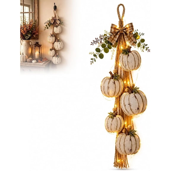 Rustic White Pumpkin Hanging Swag, Distressed Wooden 5-Pumpkin Fall Wall & Door Decor with Plaid Bow and Warm LED Lights for Farmhouse Front Door (B)