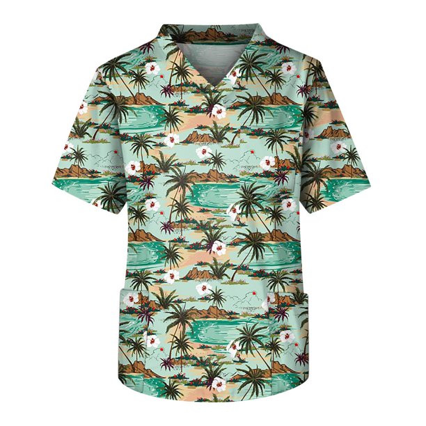 Men's Short Sleeve V-Neck Summer Print Chest Pocket Care Worker Top L