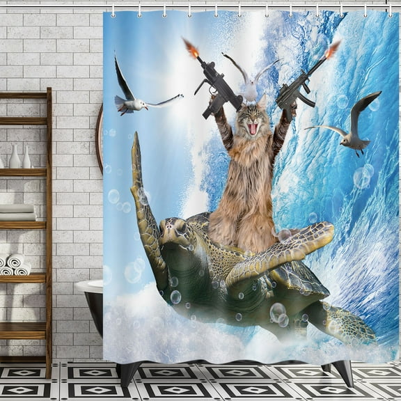Funny Cat Shower Curtain Set Cat Riding Sea Turtle Theme Ocean Shower Curtains for Bathroom Fun Nautical Kids Bathroom Decor Polyester Fabric-72" x 72"