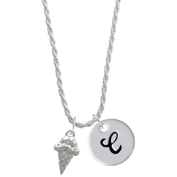Delight Jewelry Silvertone Ice Cream Cone Silvertone Script Initial Disc - C - Charm Necklace, 20"+3"