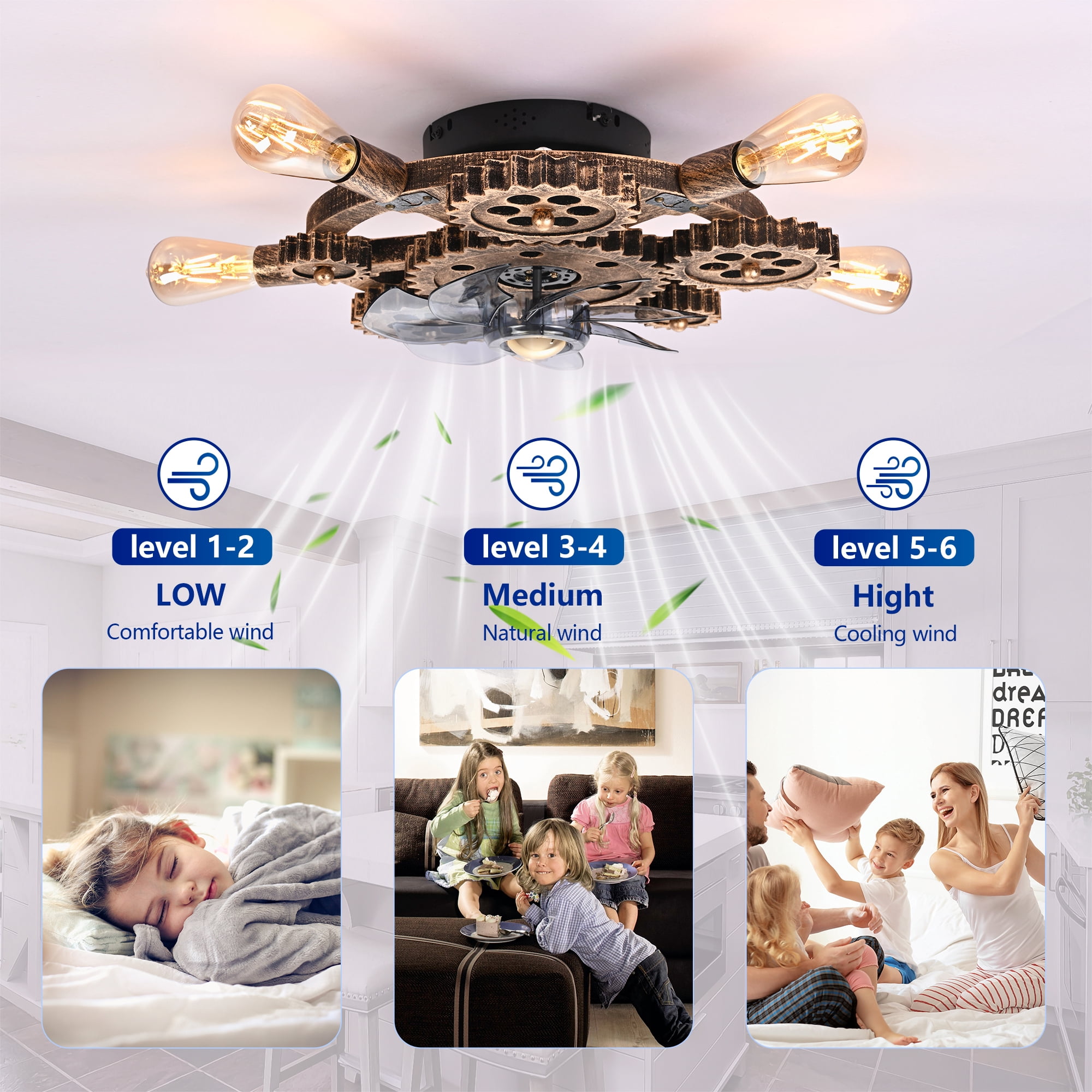 Leumius 19.6" Industrial Ceiling Fan with Light and Remote,Retro Ceiling Fan Lights with 7 Blades for Living Room Bedroom Dining Room (NOT Included Bulbs)