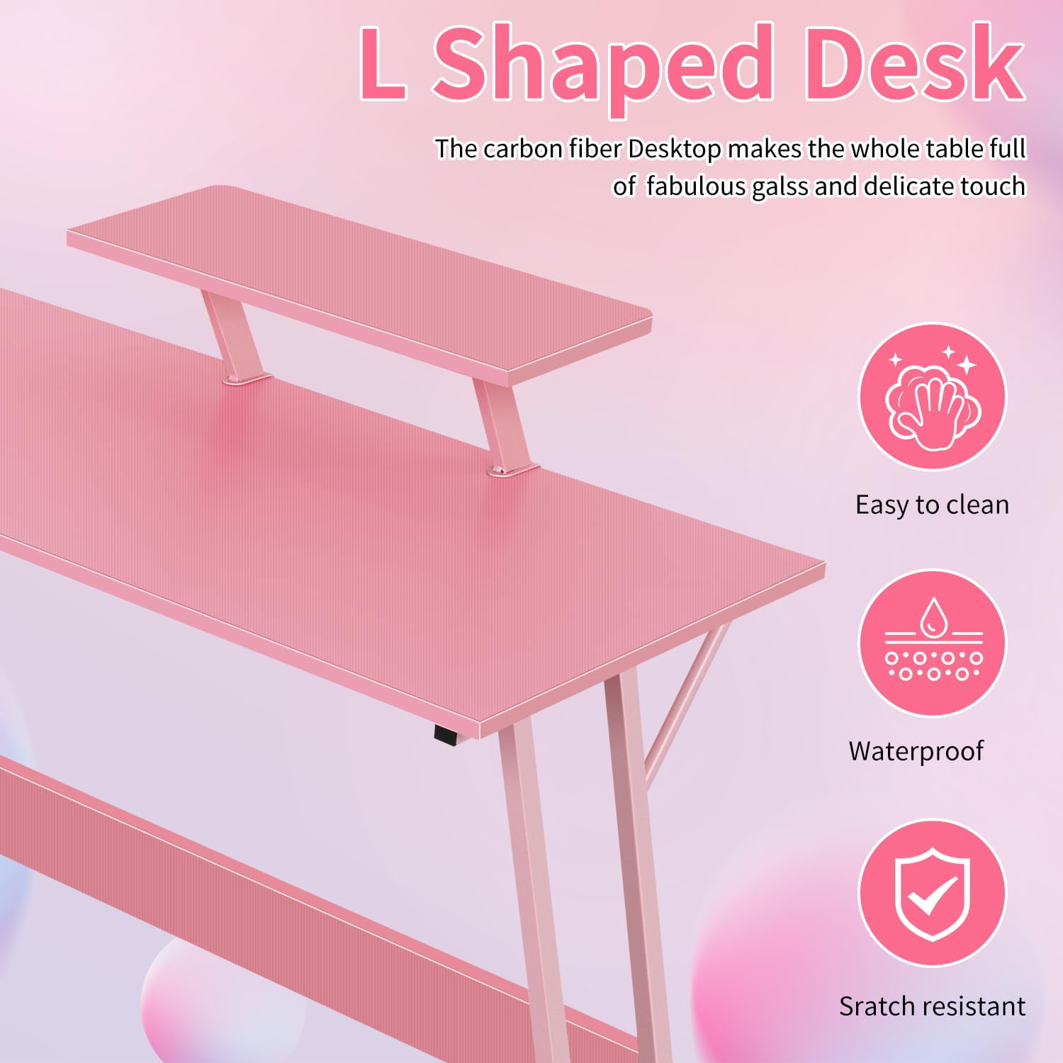 Shaped Gaming Desk 50 Inches Corner Computer Desk, Home Office Desk with Large Desktop Gaming Table for Home and Work Place,Pink