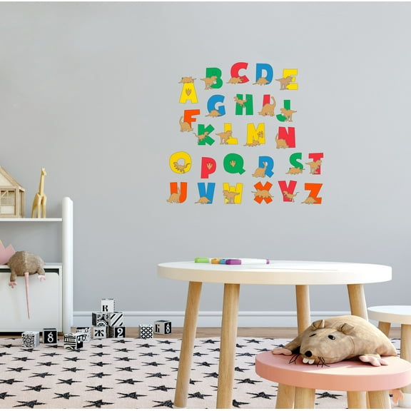 DINO LETTERS - Vinyl Kids Bedroom Multicolored English Alphabet Letters Décor Sticker Dinosaur Animals Design Educational Art Home Kids Playroom Wall Decal 20" x 18"