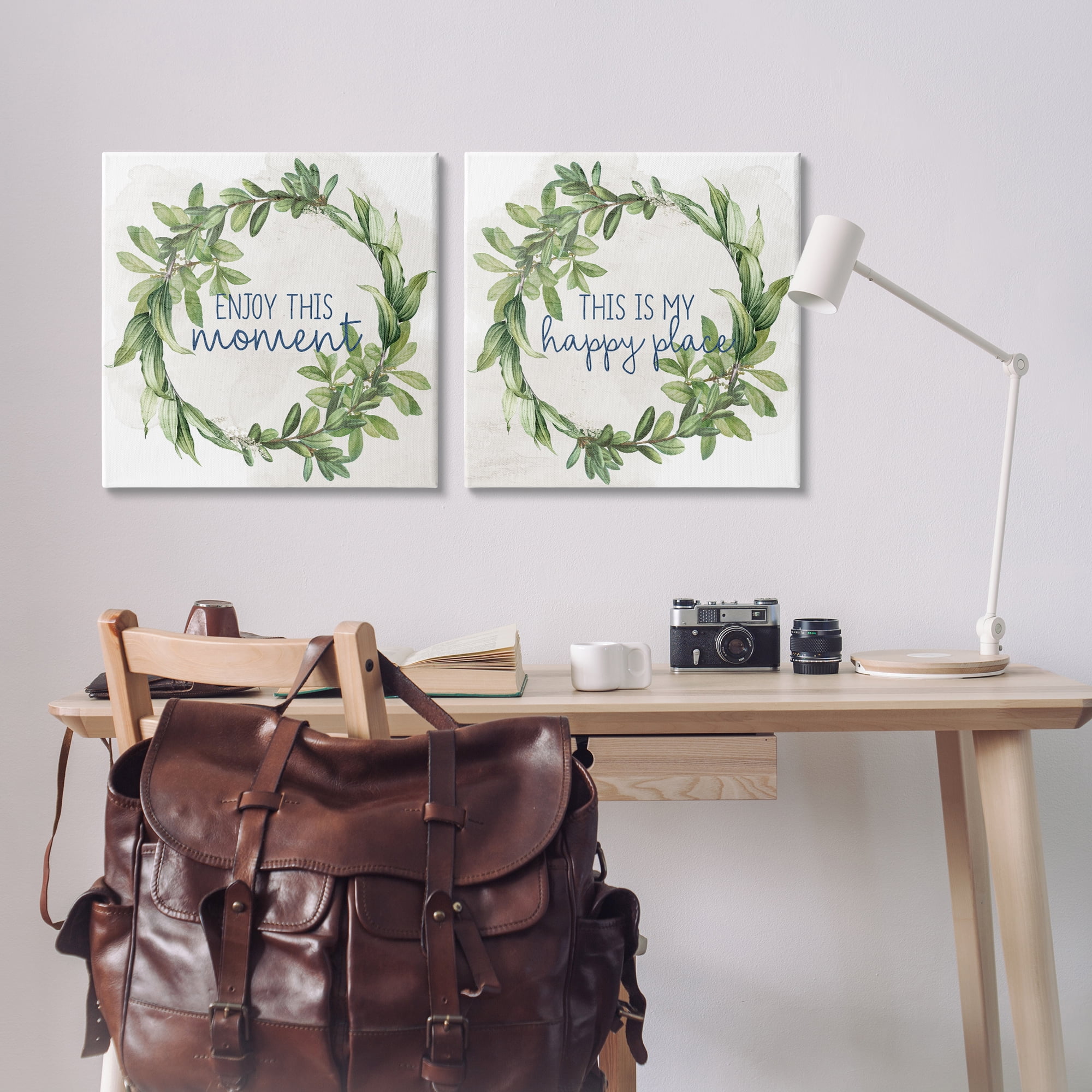 Stupell Industries Enjoy Happy Greenery Wreath Text & Numbers Painting Wrapped Canvas Art Print Wall Art, 24 x 24, Set of 2