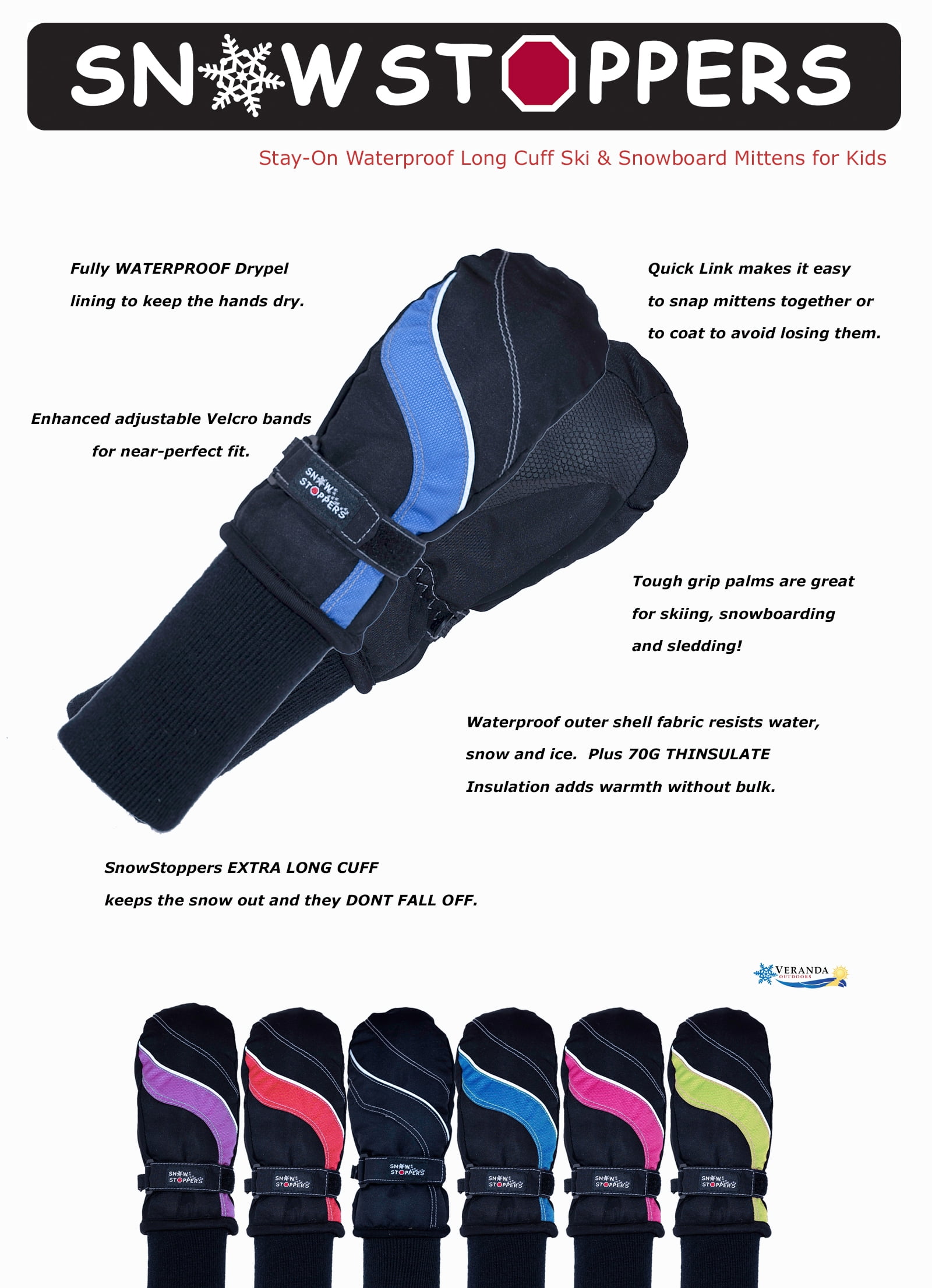 SnowStoppers Kids Ski & Snowboard Mittens (Extra Large, Blue)
