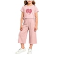 thumbnail image 2 of HOMBOM Girls Summer Outfits Heart Print Crew Neck Short Sleeve Top with Side Drawstring & Elastic Waist Capri Pants 2 Piece Casual Set Age 2-10Y,Pink,5-7 Years, 2 of 6