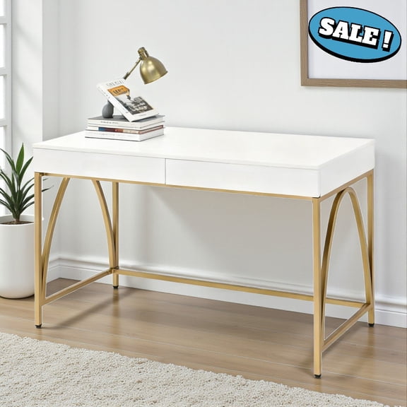 GZXS Modern High Gloss Writing Desk with 2 Storage Drawers and Gold Metal Legs, 39" Rectangular Desk for Home Office or Vanity (White)