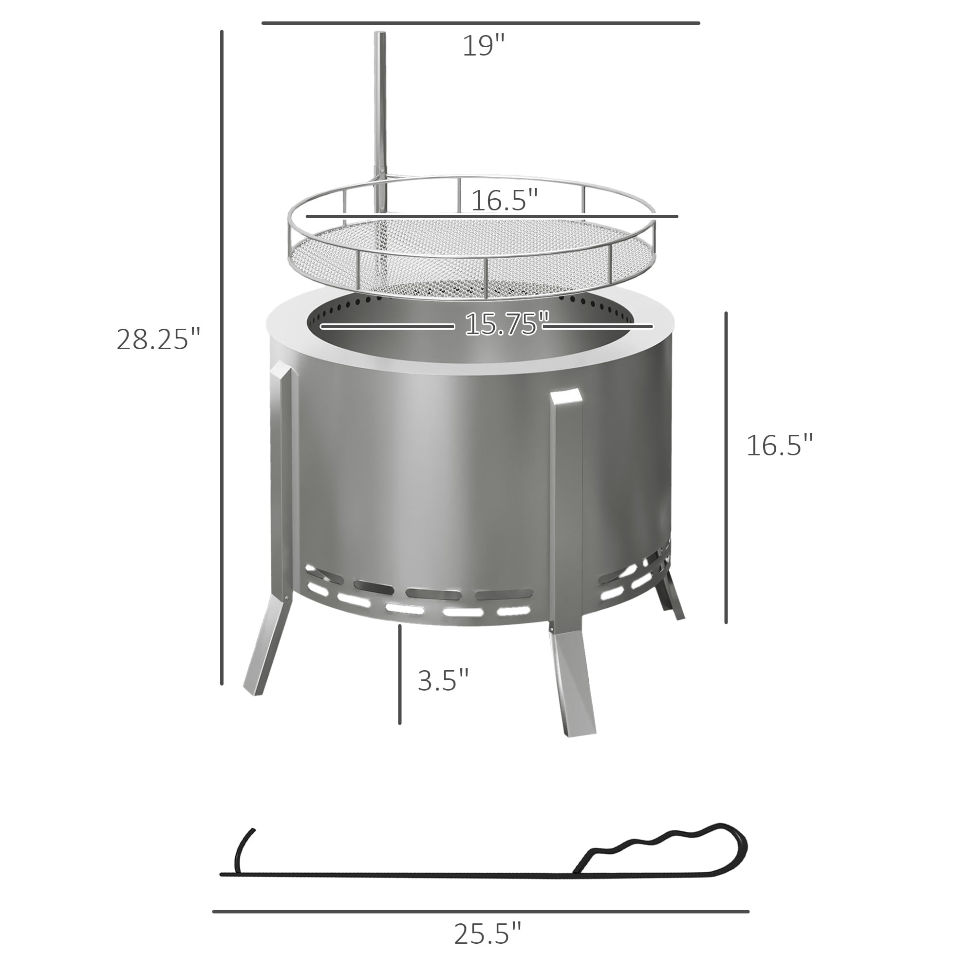 Aimee Lii 19" Portable Wood Burning Firepit with Cooking Grate and Poker, 2-in-1 Smokeless Fire Pit BBQ Grill, Low Smoke Camping Bonfire Stove for Backyard Patio Picnic, Silver