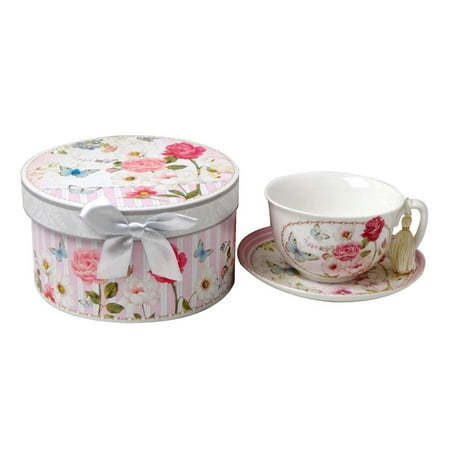 Elegantoss Bone China Cappuccino Coffee Tea Cup and Saucer Set in pretty pink Floral design 10 oz in attractive handmade gift