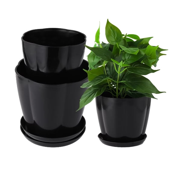 Plastic Plant Pots Set of 3, 6.41/5.19/4.4 Inch Flower Pots Indoor with Drainage Hole and Tray , Indoor Modern Decorative Planter Pot for All House Plants, Flower, Succulents, Cactus, Black