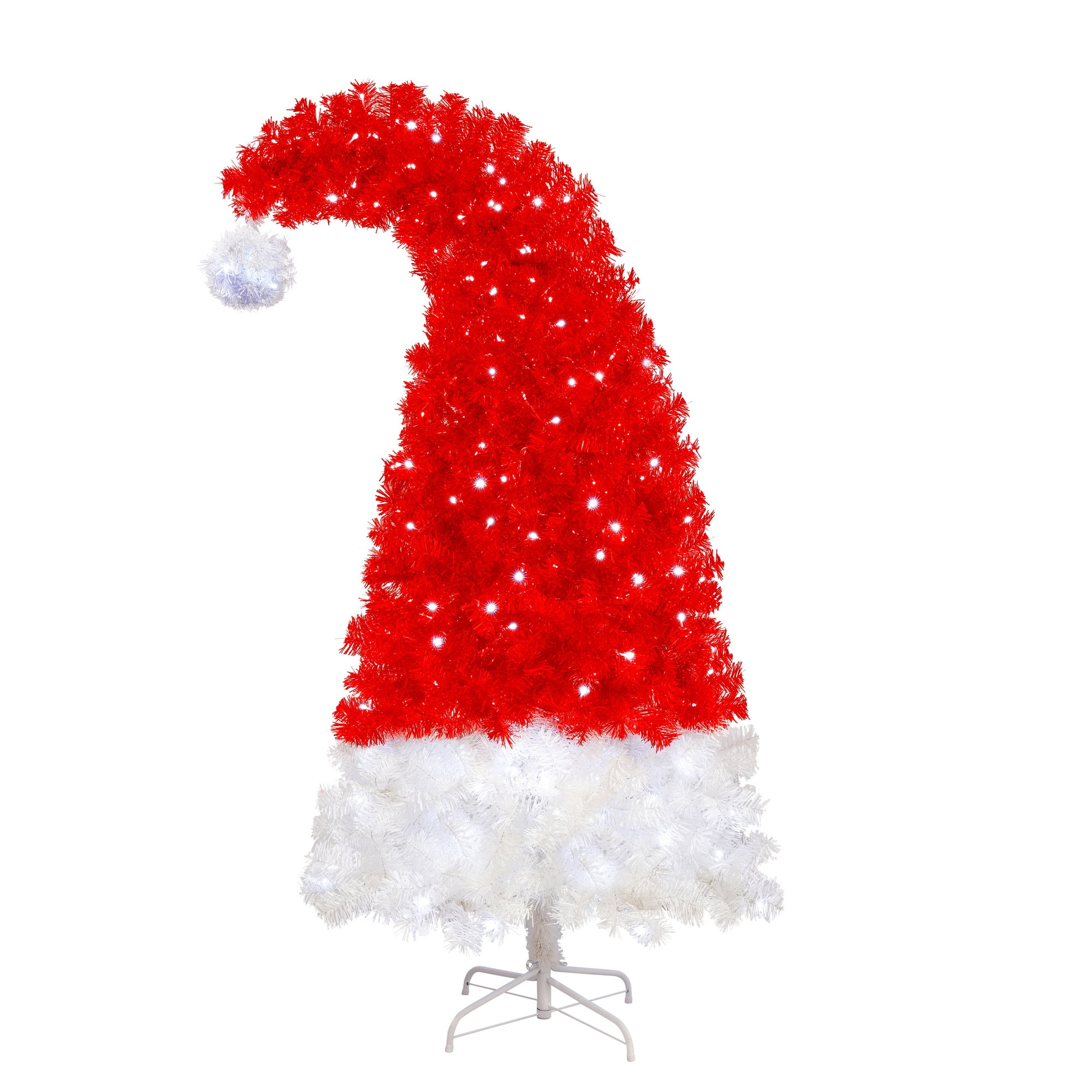 5ft Red and White Santa Hat Christmas Tree 1050 Tips 300 Cool White LED Lights Metal Stand Indoor Decor