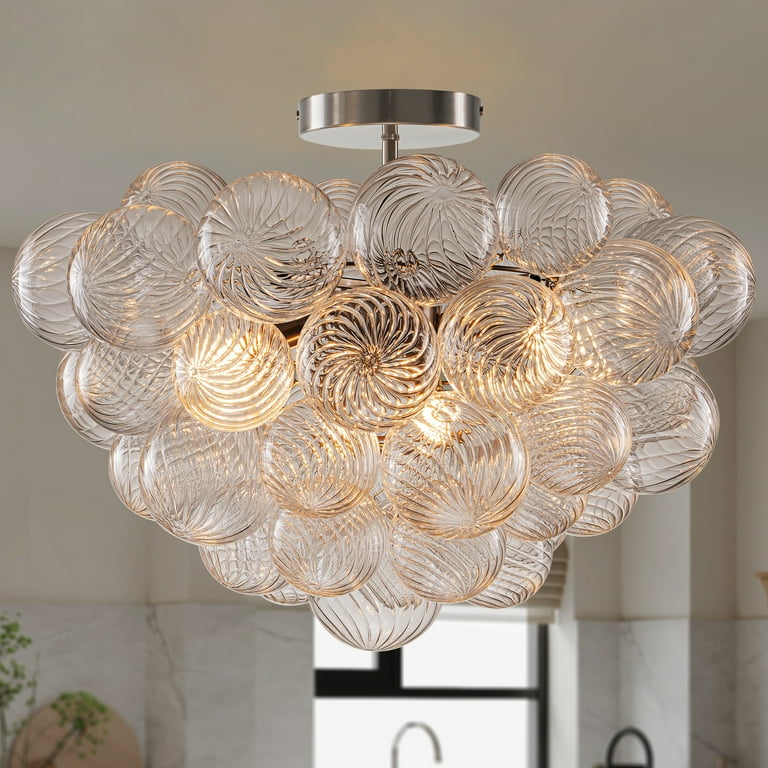 Hand Blown Glass Bubble Ball Chandelier | 20" Semi-Flush Mount, Black Finish, Art Deco Cluster Globe Light For Dining Room, Living Room, Bedroom