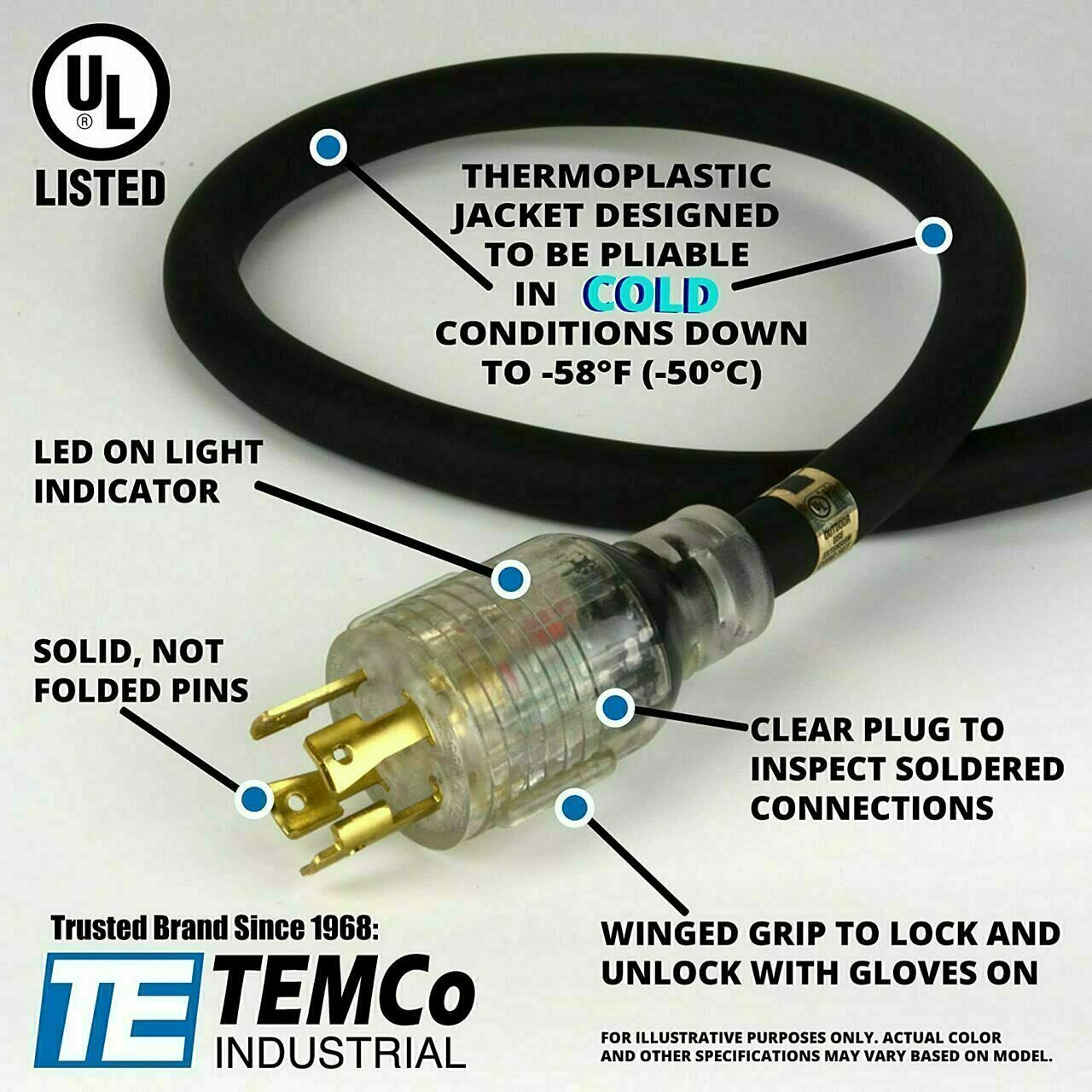 TEMCo 50 ft Extreme Cold Weather Generator Extension Cord L14-30 30 Amp Black