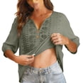 thumbnail image 3 of CYYOLLPF embroidered tops for women summer outfits linen pants set 2 Piece Gauze Cotton Peasant Outfits spring outfits for women 3/4 Sleeve Top sunmer sets womens shirts casual Gray M, 3 of 9