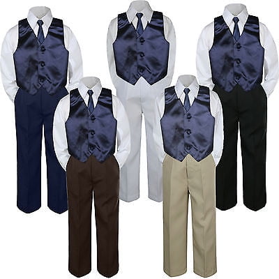 

4pc Boy Suit Set Navy Blue Necktie Vest Baby Toddler Kid Formal Pants S-7